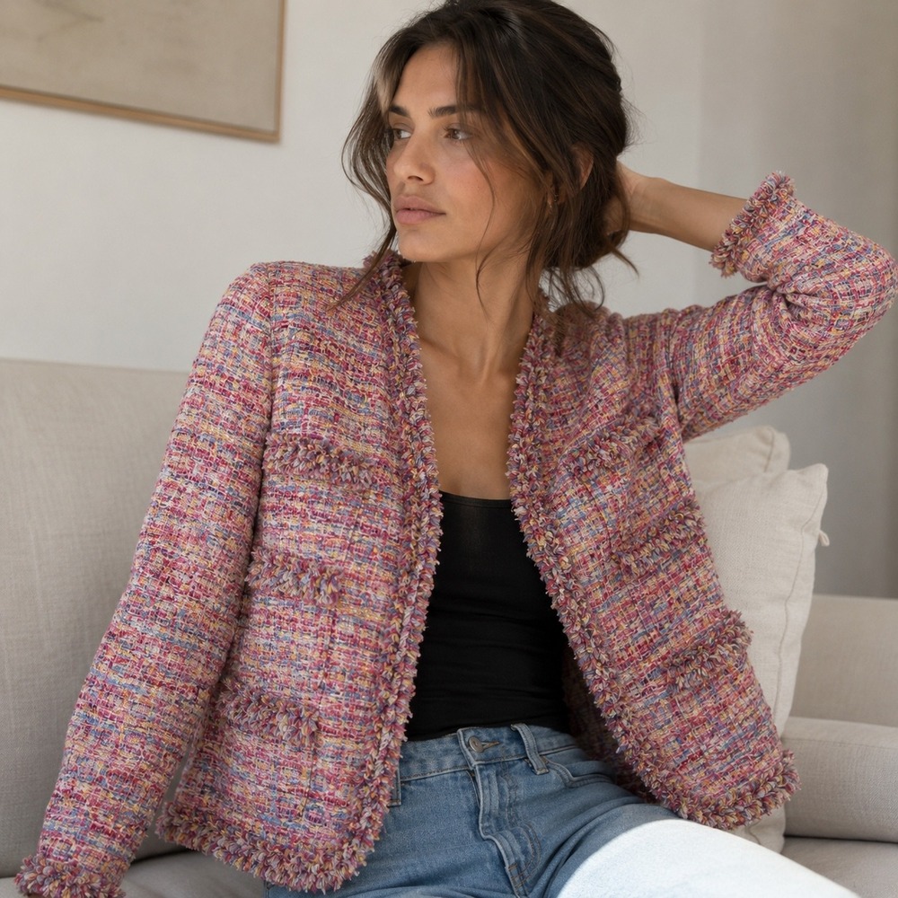 Escada Tweed Blazer Womens 36 Multi Pink Fringed Wool Silk Lined Jacket - Picture 1 of 16